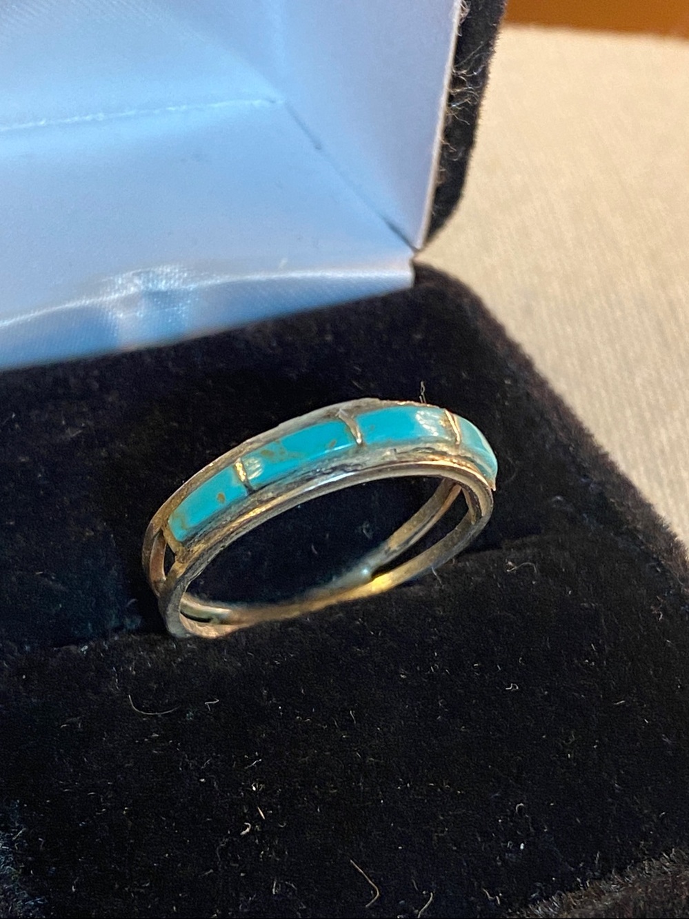 Native American Sterling Silver Turquoise Inlay Ring Size 7.5